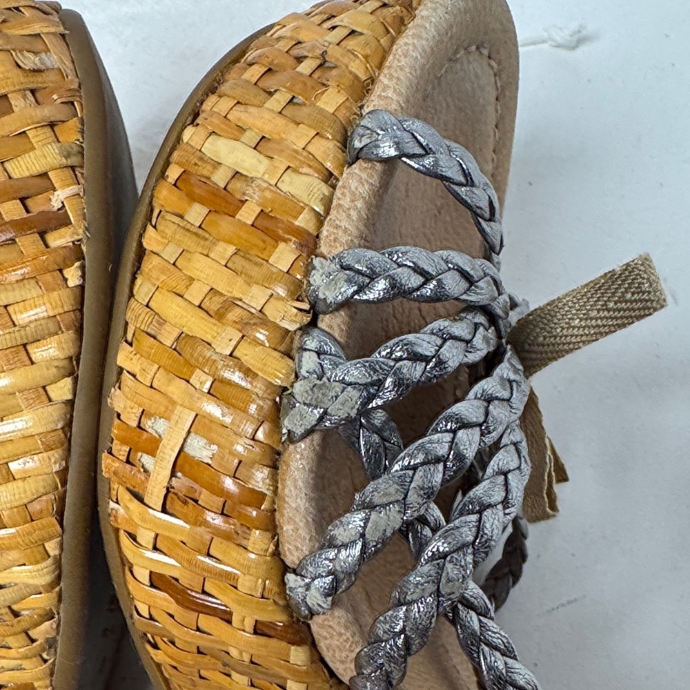 PRADA Woven Wicker Wedge Sandals Metallic Silver Braided Strap 4.5" Heel BOHO 38 - Picture 7 of 16